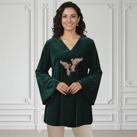 Green Twin Birds Hand Embroidered Velvet Top
