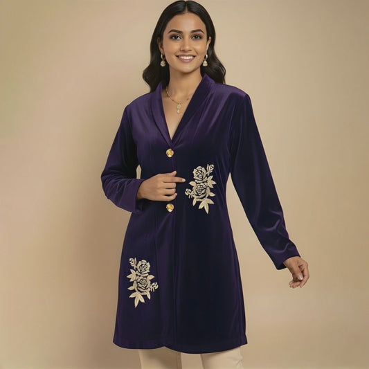 Purple Twin Golden Roses Hand Embroidered Velvet Jacket