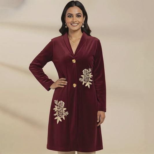 Maroon Twin Golden Roses Hand Embroidered Velvet Jacket