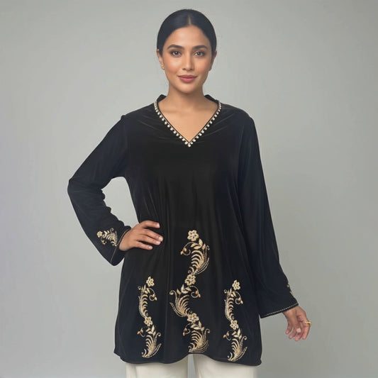 Black Absract Floral Hand Embroidered Velvet Top