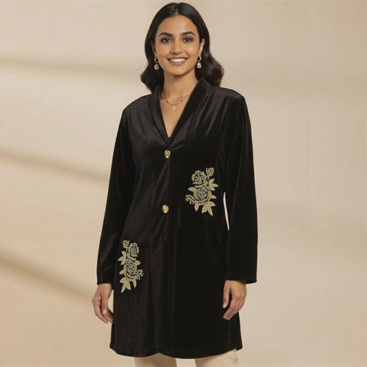 Black Twin Golden Roses Hand Embroidered Velvet Jacket