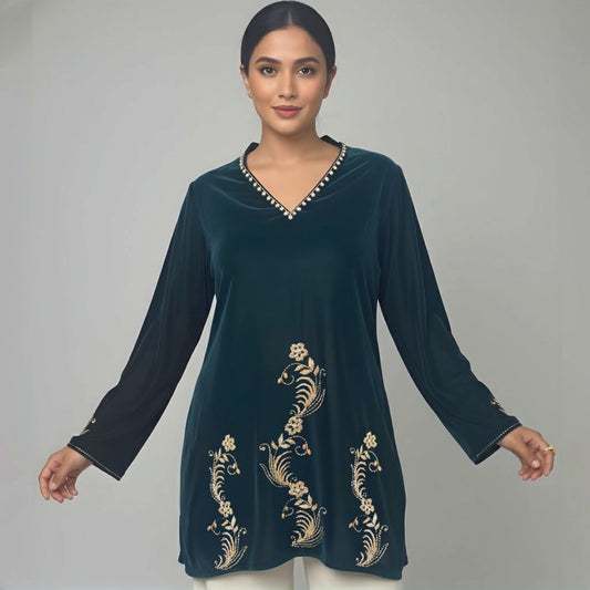 Teal Absract Floral Hand Embroidered Velvet Top