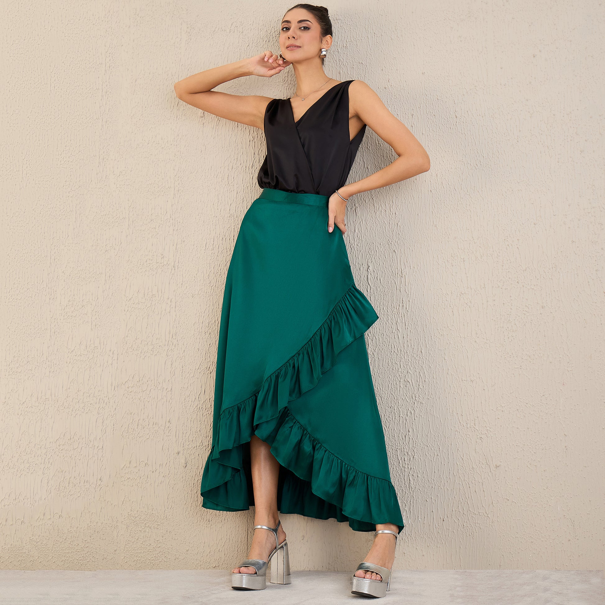 Teal Skirt for Women – Polyester Satin – Front View | First Resort by Ramola Bachchan