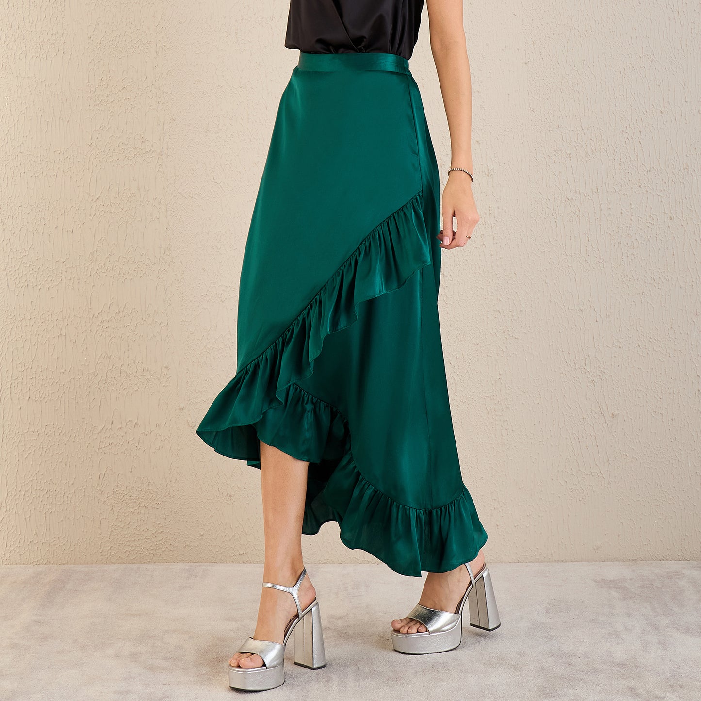 Teal Skirt for Women – Polyester Satin – Model View | First Resort by Ramola Bachchan
