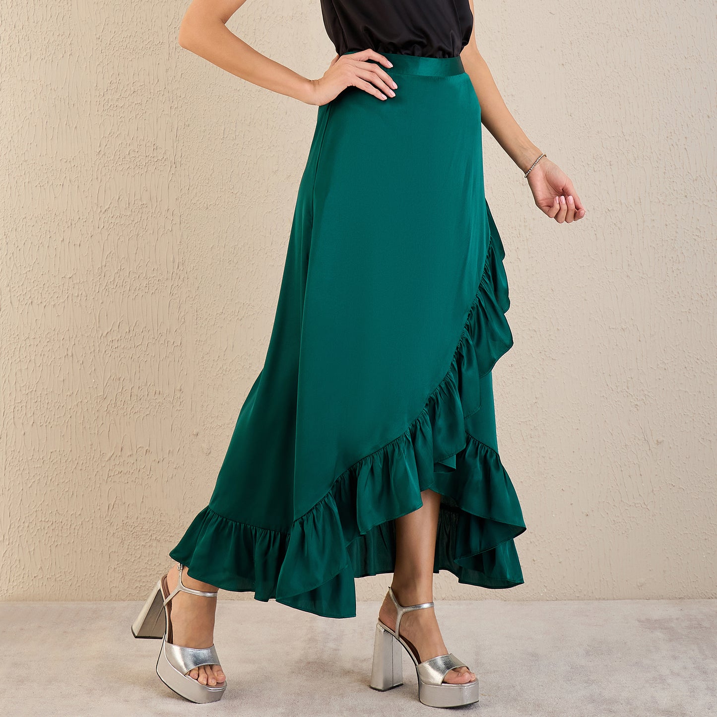 Teal Skirt for Women – Polyester Satin – Side View | First Resort by Ramola Bachchan