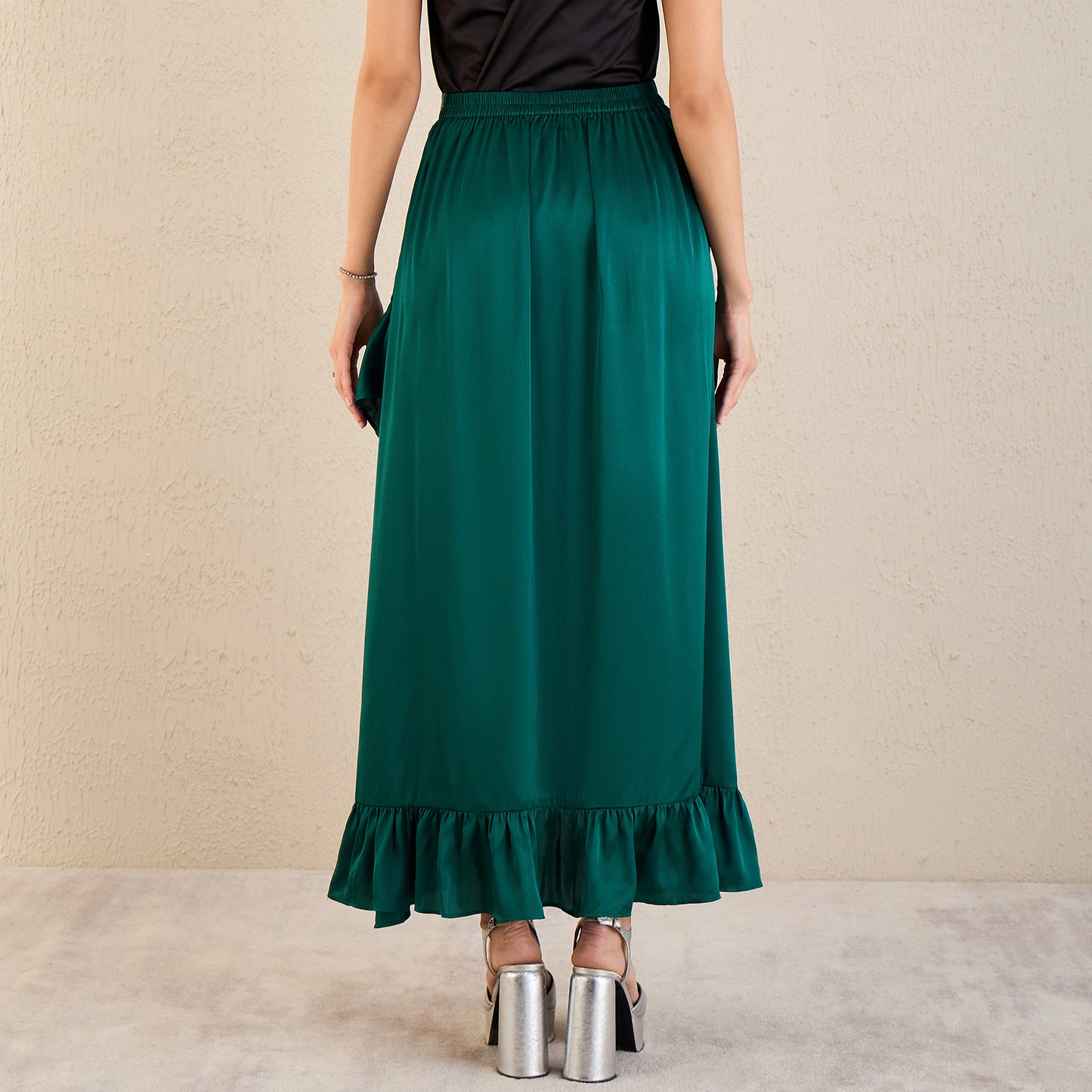Teal Skirt for Women – Polyester Satin – Detail View | First Resort by Ramola Bachchan