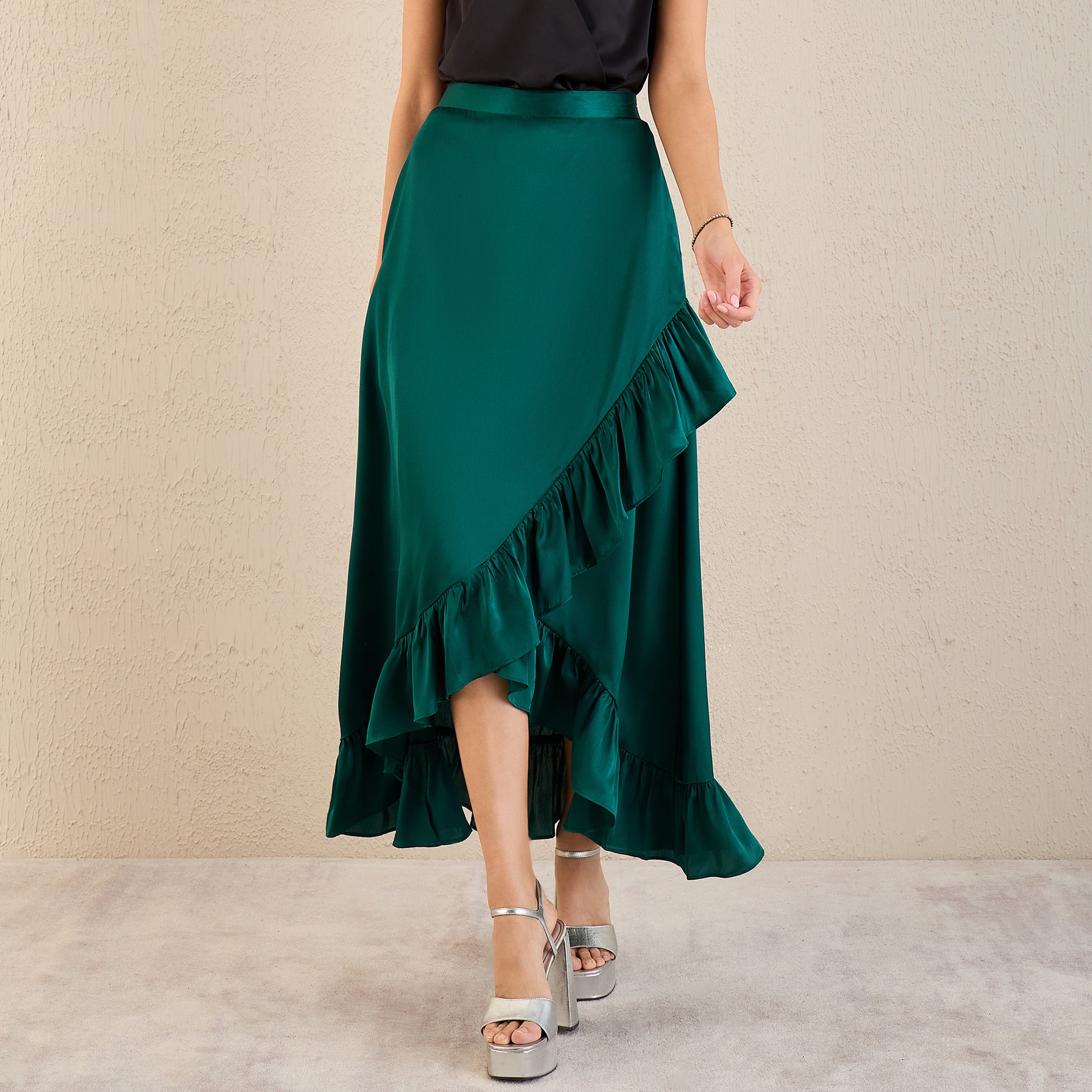 Teal Skirt for Women – Polyester Satin | First Resort by Ramola Bachchan