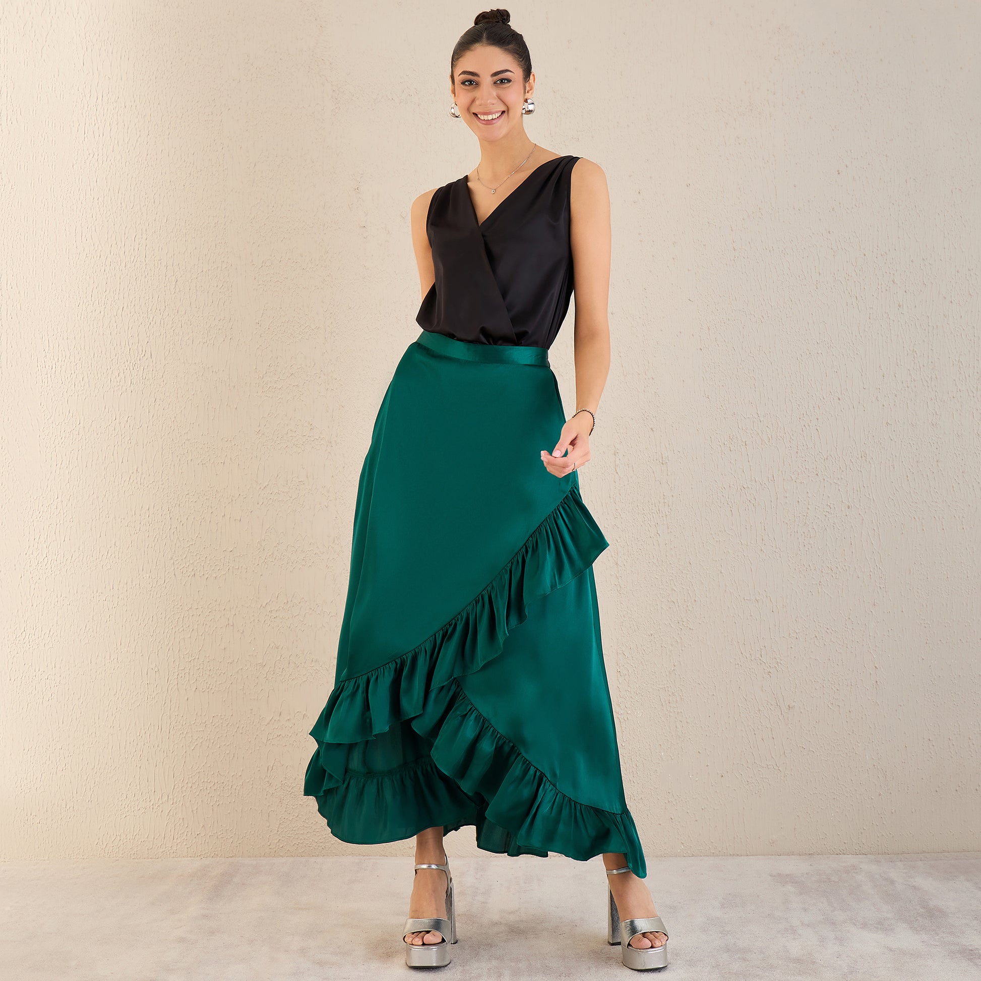 Teal Skirt for Women – Polyester Satin – Front View | First Resort by Ramola Bachchan