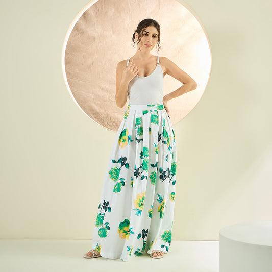 White And Green Floral Print Skirt for Women – Cotton Poplin | First Resort by Ramola Bachchan
