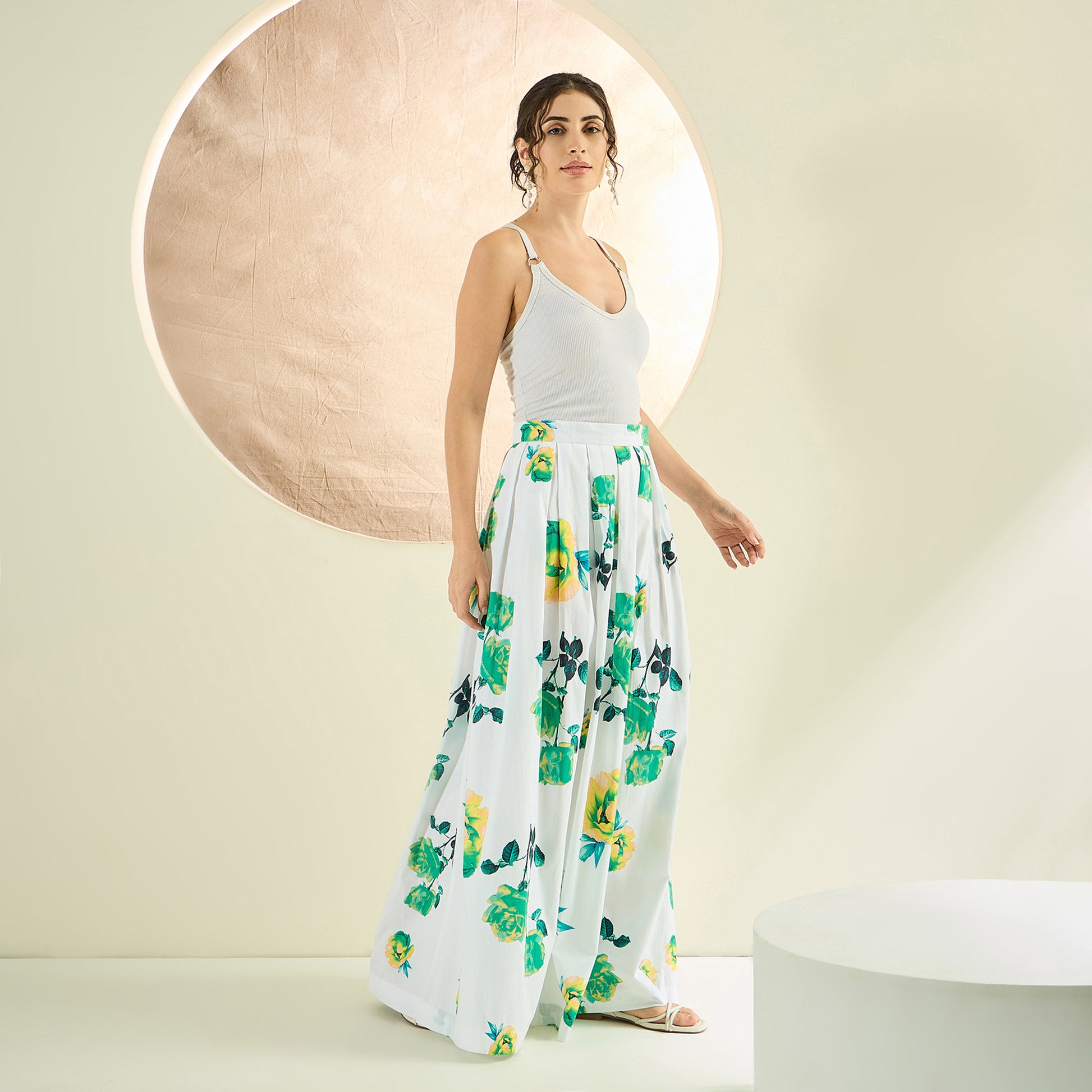 White And Green Floral Print Skirt for Women – Cotton Poplin – Side View | First Resort by Ramola Bachchan