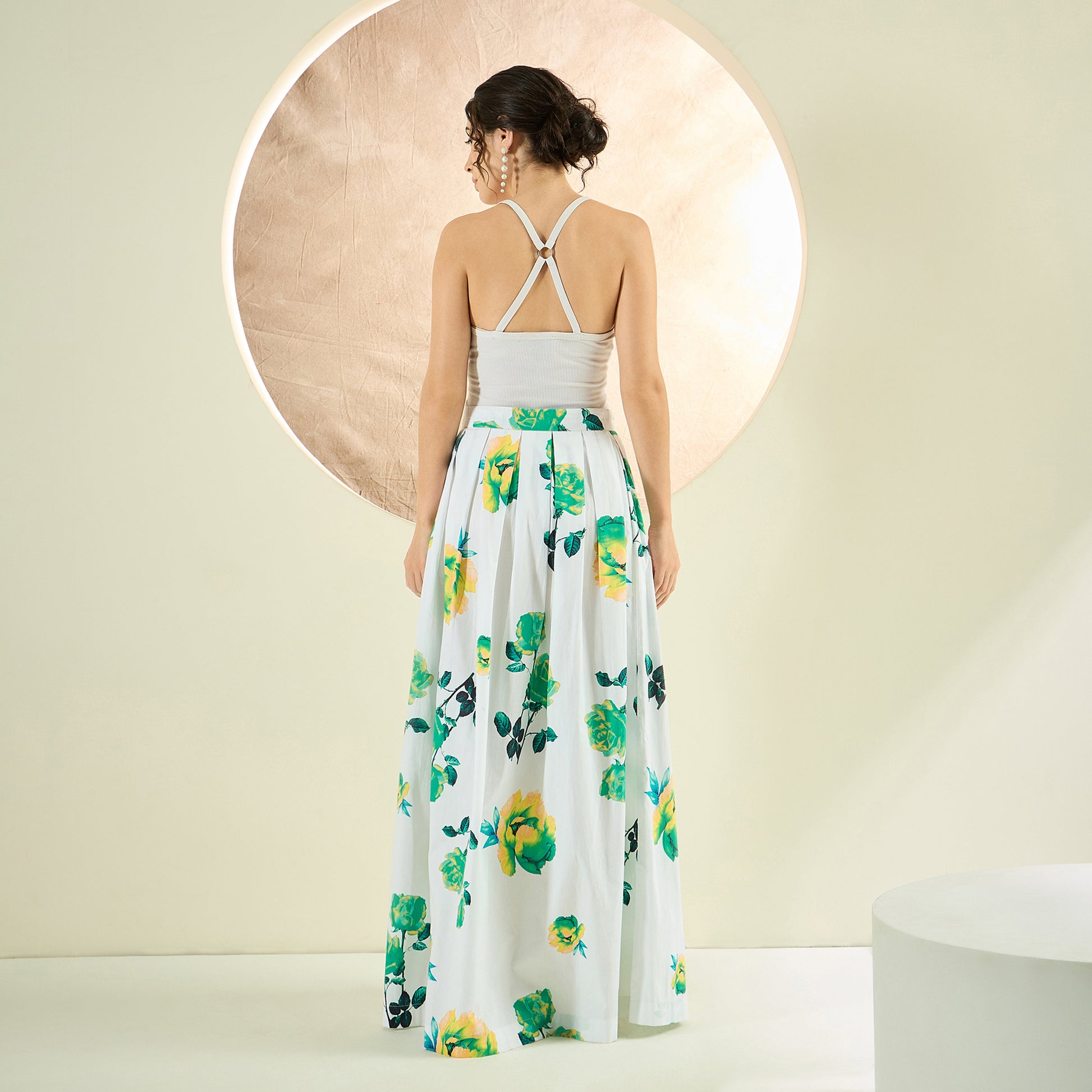 White And Green Floral Print Skirt for Women – Cotton Poplin – Detail View | First Resort by Ramola Bachchan
