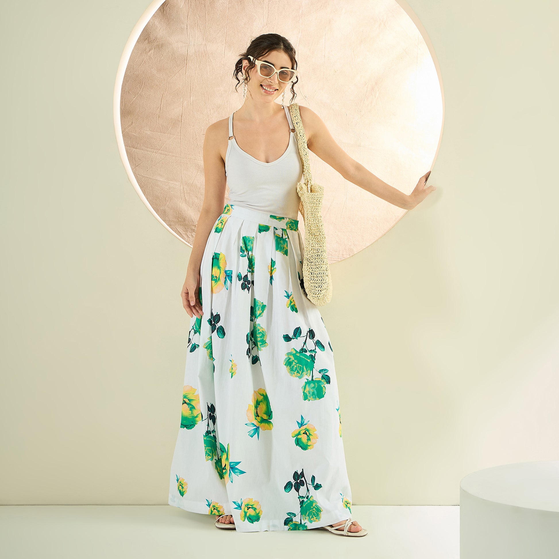 White And Green Floral Print Skirt for Women – Cotton Poplin – Close Up | First Resort by Ramola Bachchan