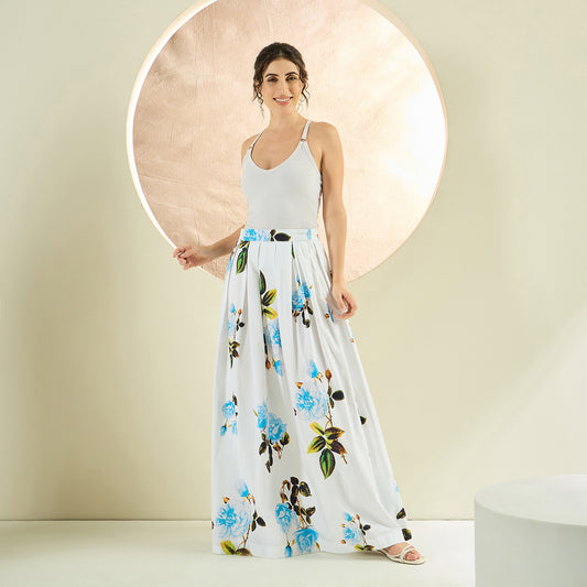White And Light Blue Floral Print Skirt for Women – Cotton Poplin | First Resort by Ramola Bachchan