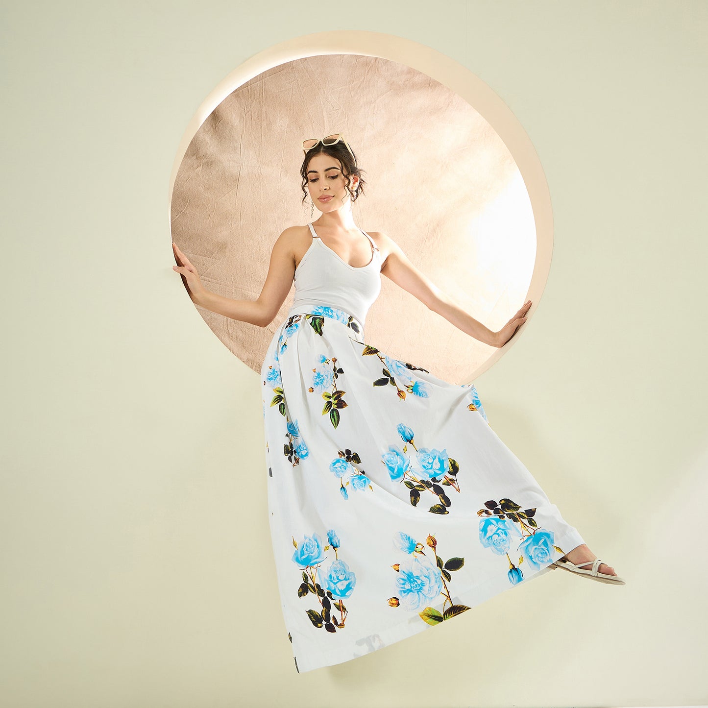 White And Light Blue Floral Print Skirt for Women – Cotton Poplin – Front View | First Resort by Ramola Bachchan