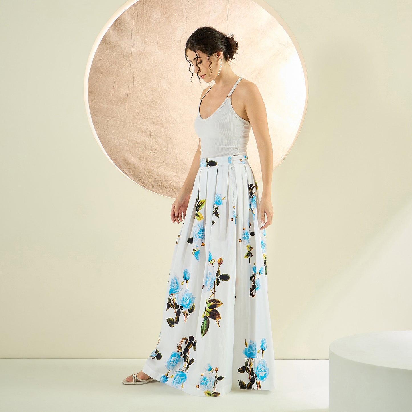 White And Light Blue Floral Print Skirt for Women – Cotton Poplin – Model View | First Resort by Ramola Bachchan