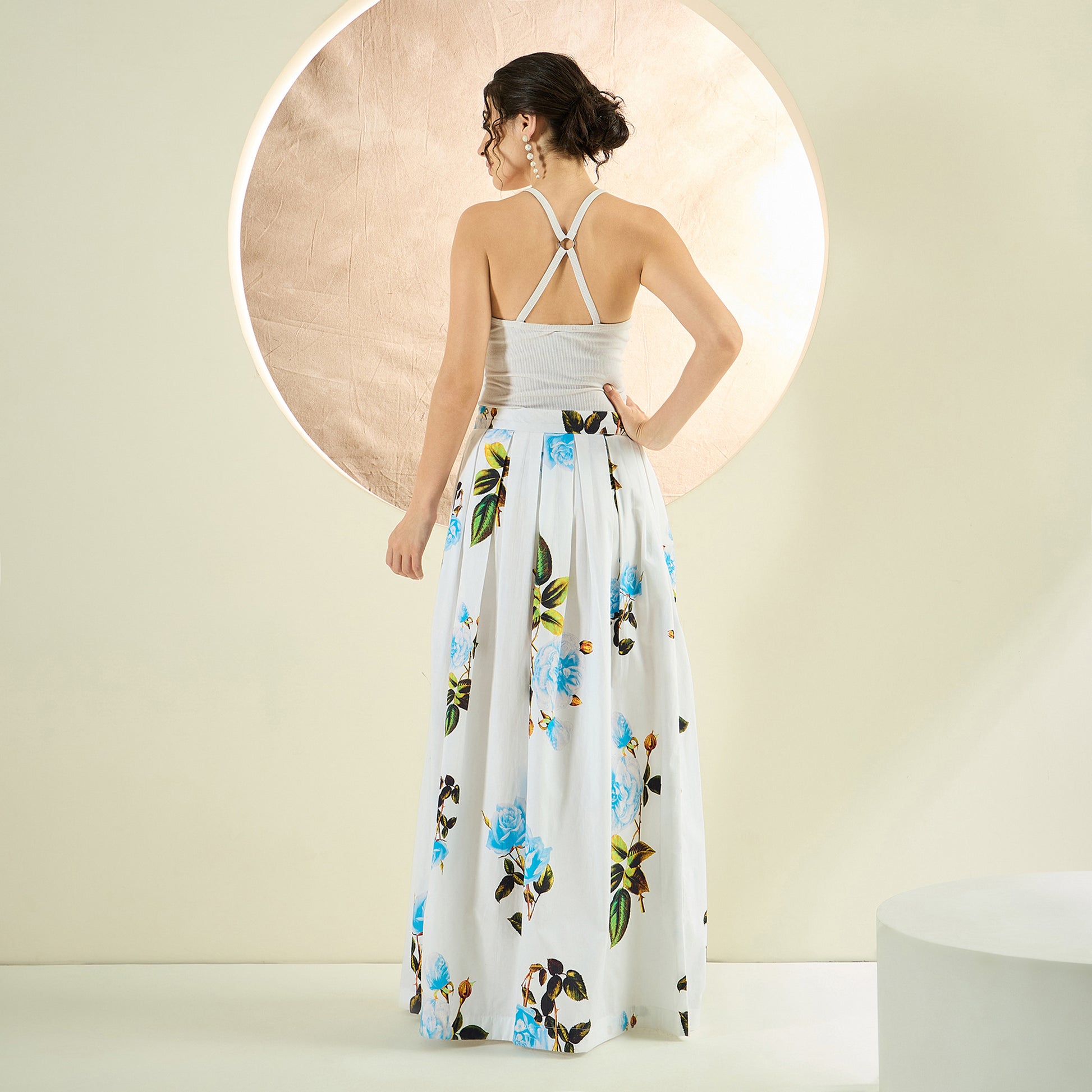 White And Light Blue Floral Print Skirt for Women – Cotton Poplin – Detail View | First Resort by Ramola Bachchan