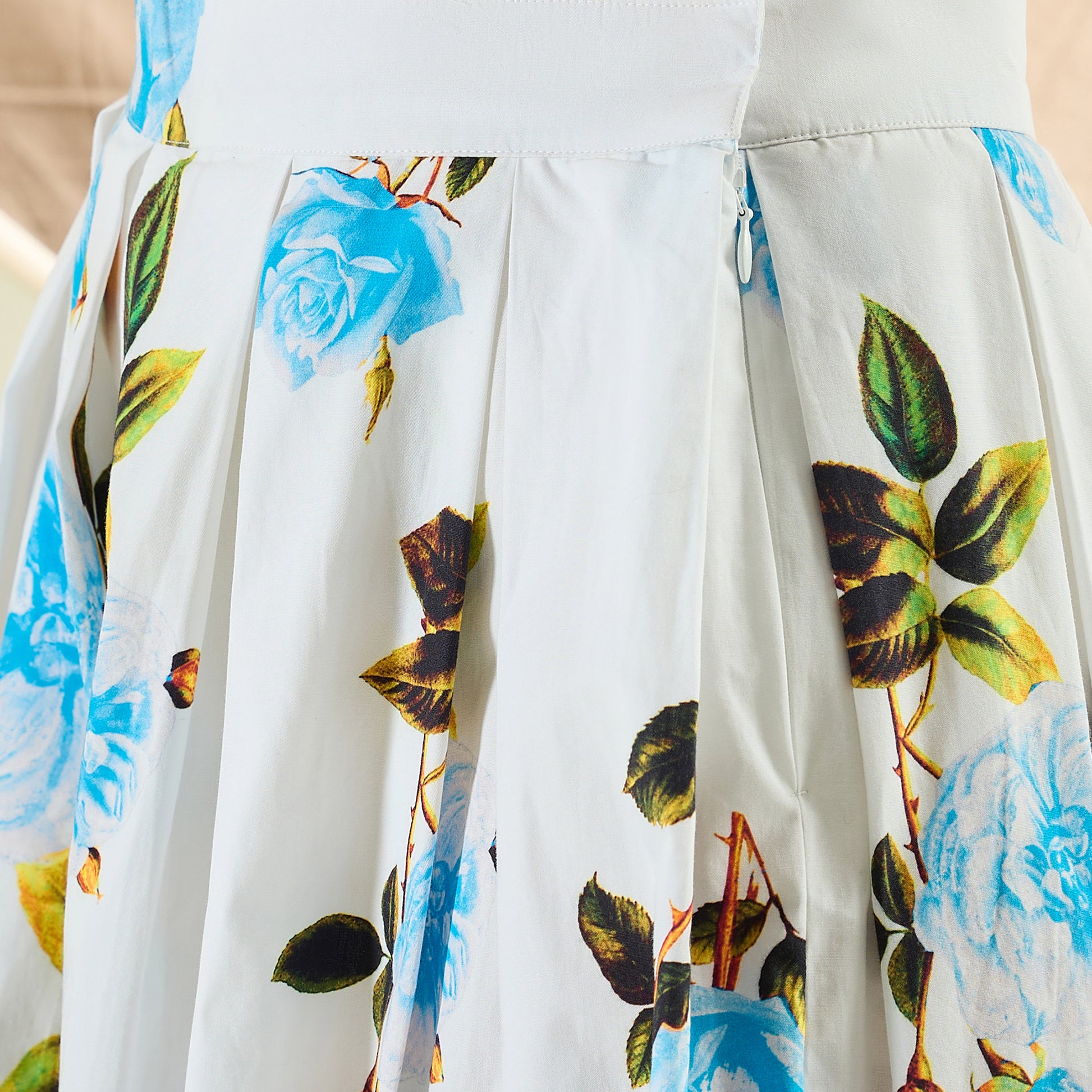 White And Light Blue Floral Print Skirt for Women – Cotton Poplin – Back View | First Resort by Ramola Bachchan