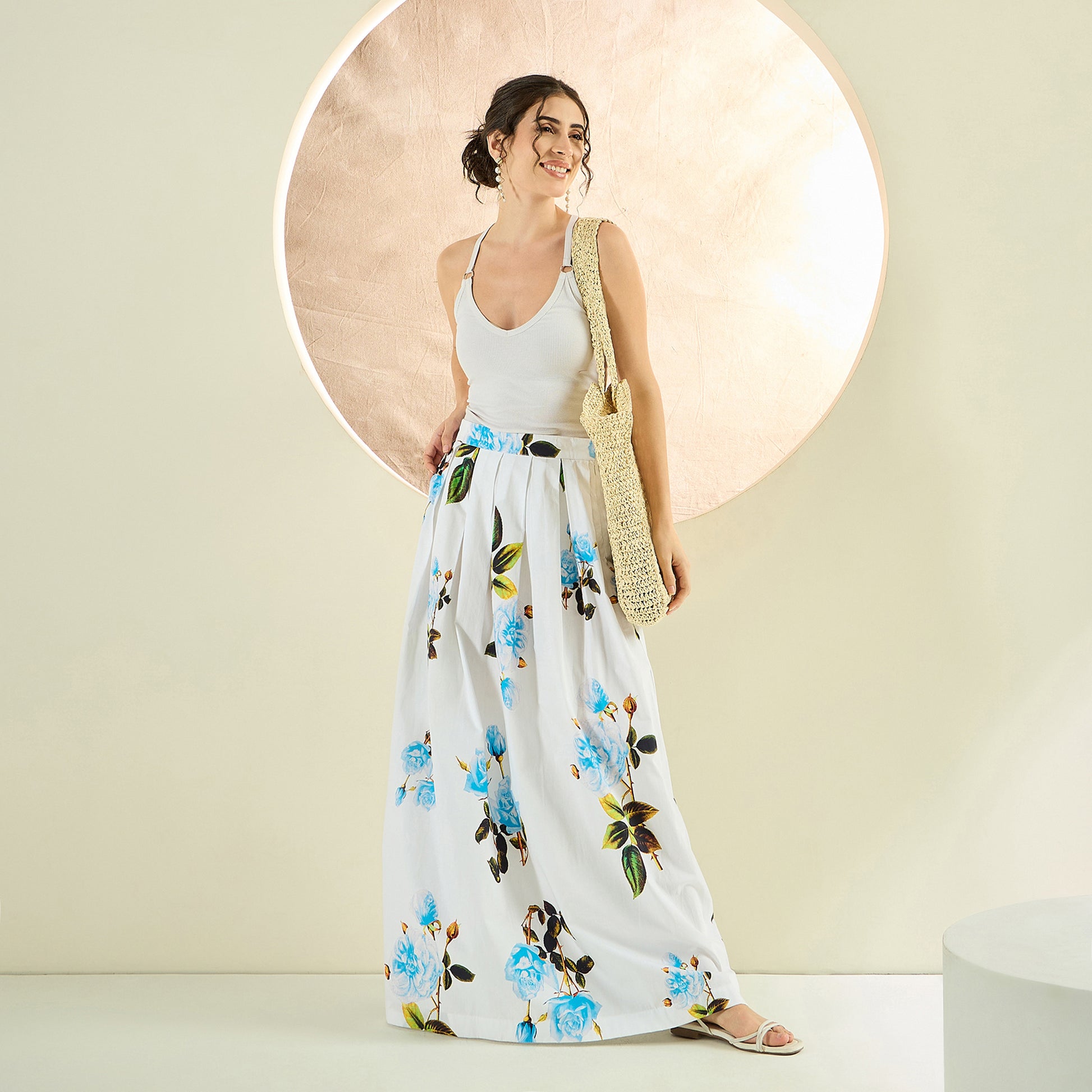 White And Light Blue Floral Print Skirt for Women – Cotton Poplin – Close Up | First Resort by Ramola Bachchan