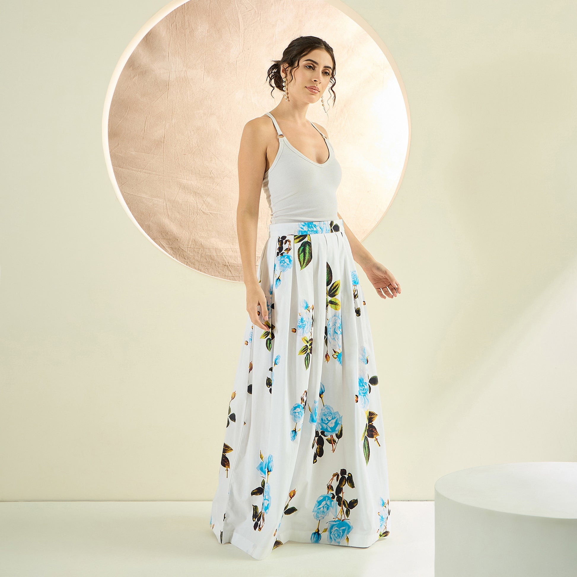 White And Light Blue Floral Print Skirt for Women – Cotton Poplin | First Resort by Ramola Bachchan