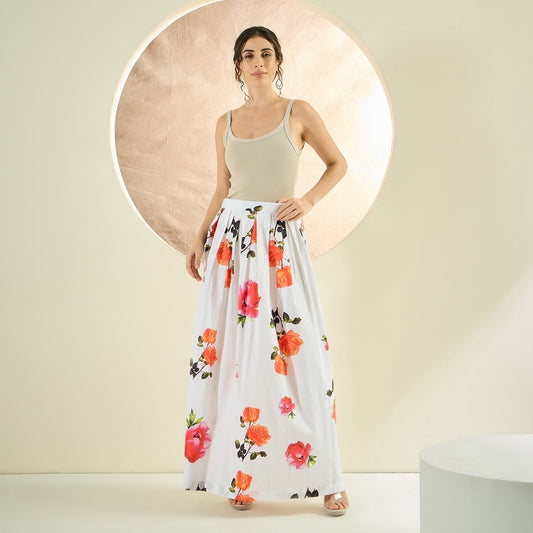 White And Orange Floral Print Skirt for Women – Cotton Poplin | First Resort by Ramola Bachchan