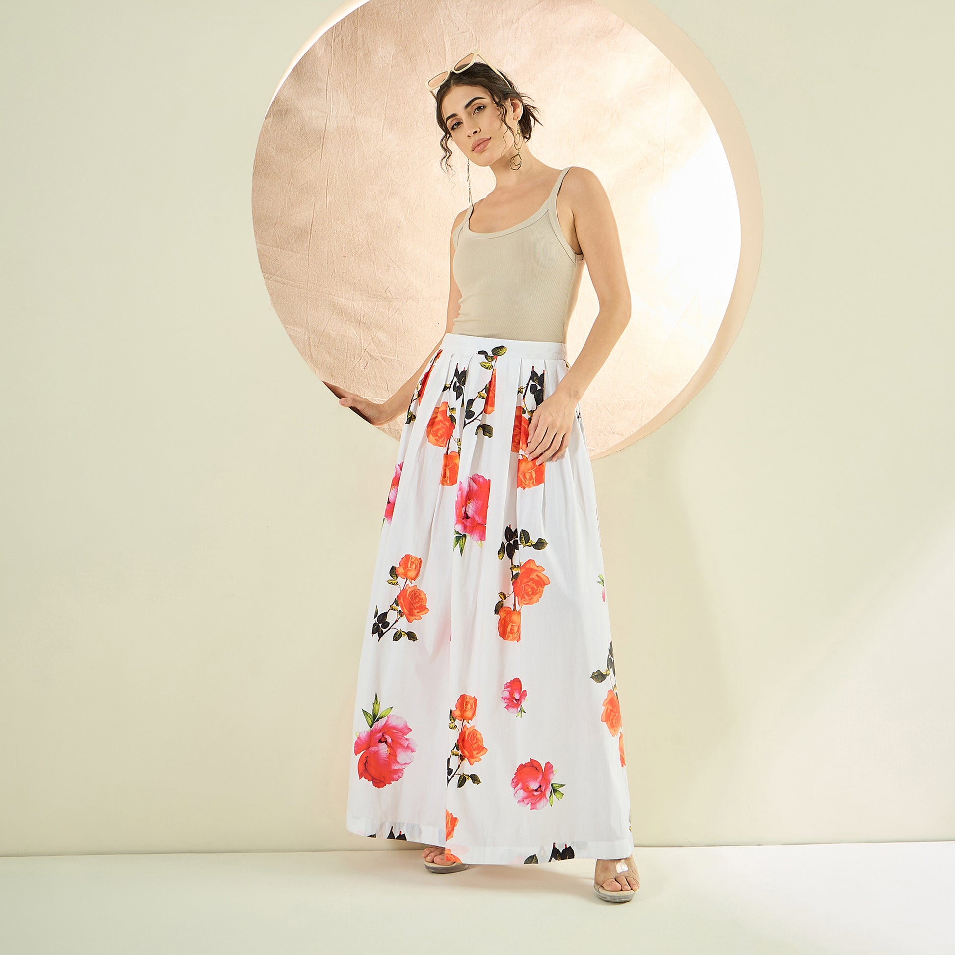 White And Orange Floral Print Skirt for Women – Cotton Poplin – Front View | First Resort by Ramola Bachchan
