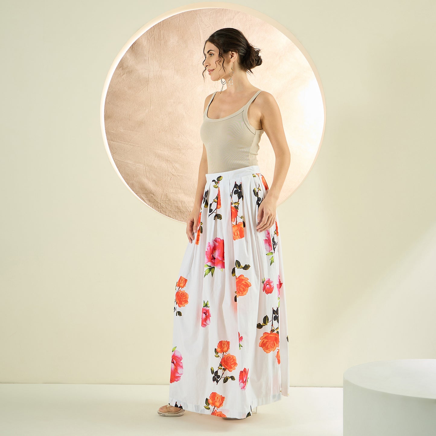 White And Orange Floral Print Skirt for Women – Cotton Poplin – Model View | First Resort by Ramola Bachchan