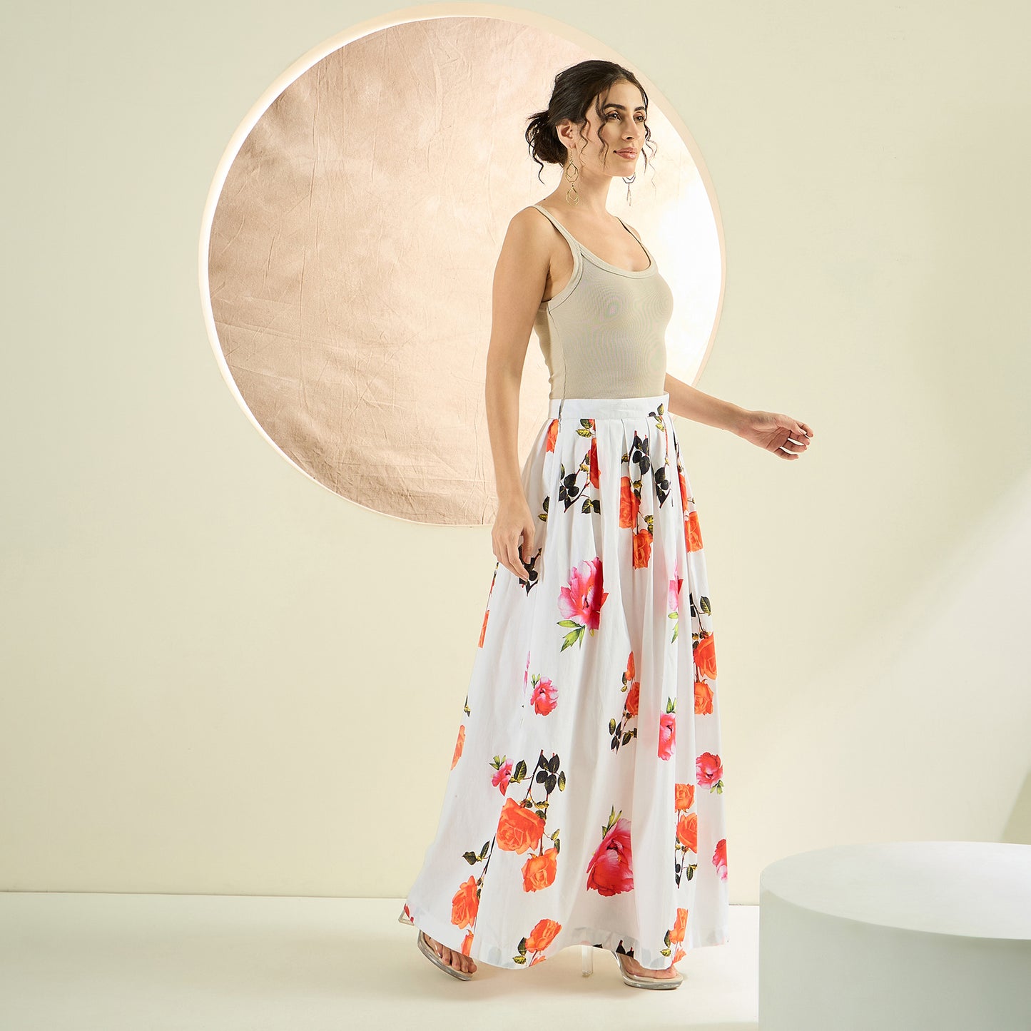 White And Orange Floral Print Skirt for Women – Cotton Poplin – Side View | First Resort by Ramola Bachchan