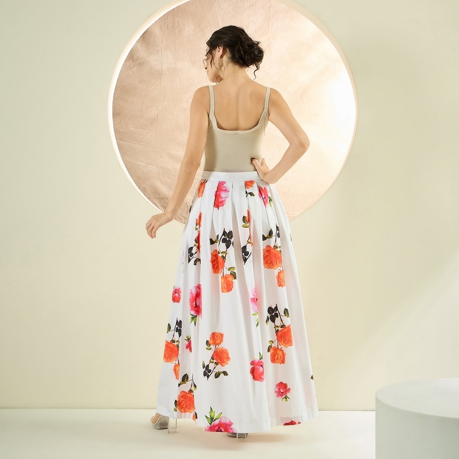 White And Orange Floral Print Skirt for Women – Cotton Poplin – Detail View | First Resort by Ramola Bachchan