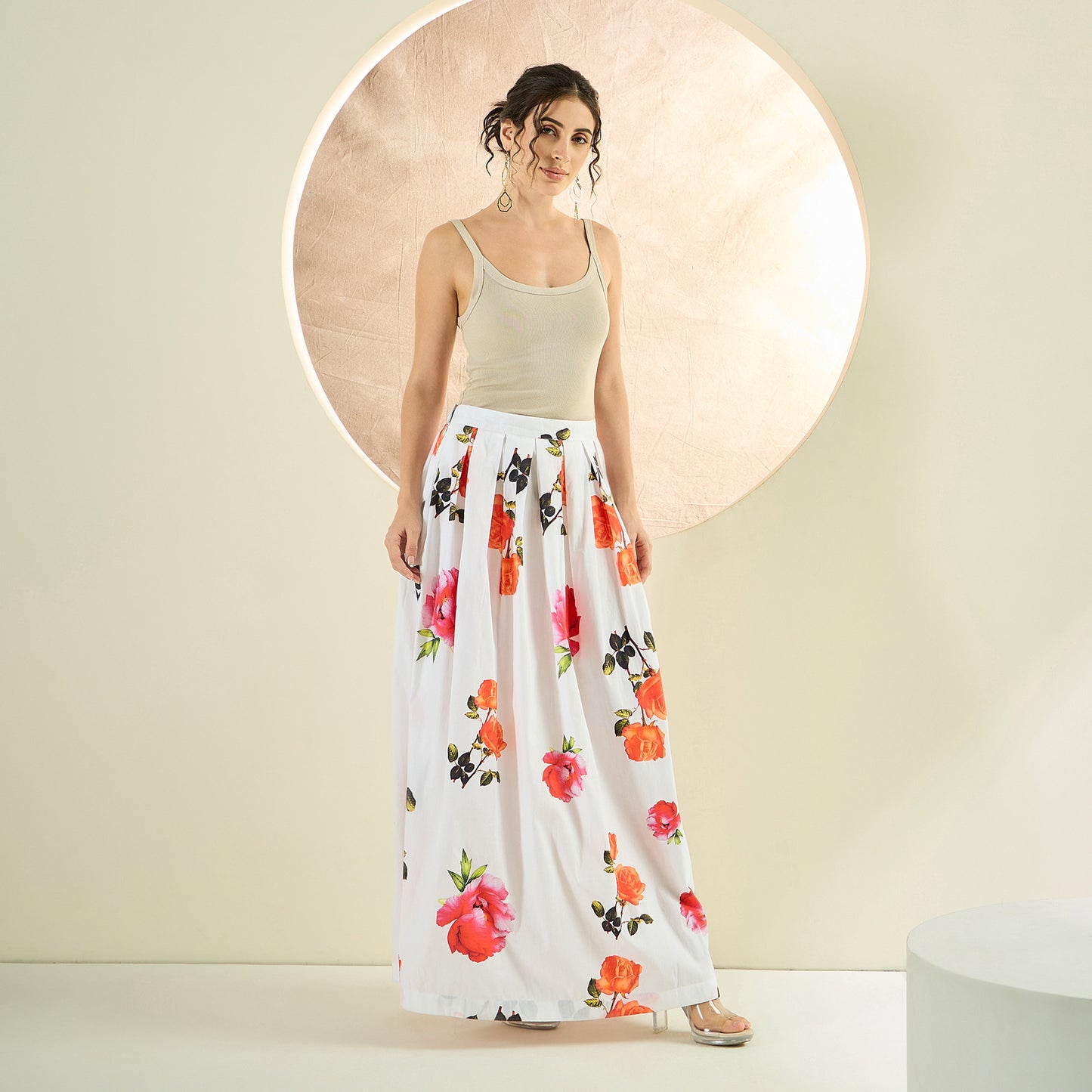 White And Orange Floral Print Skirt for Women – Cotton Poplin – Close Up | First Resort by Ramola Bachchan