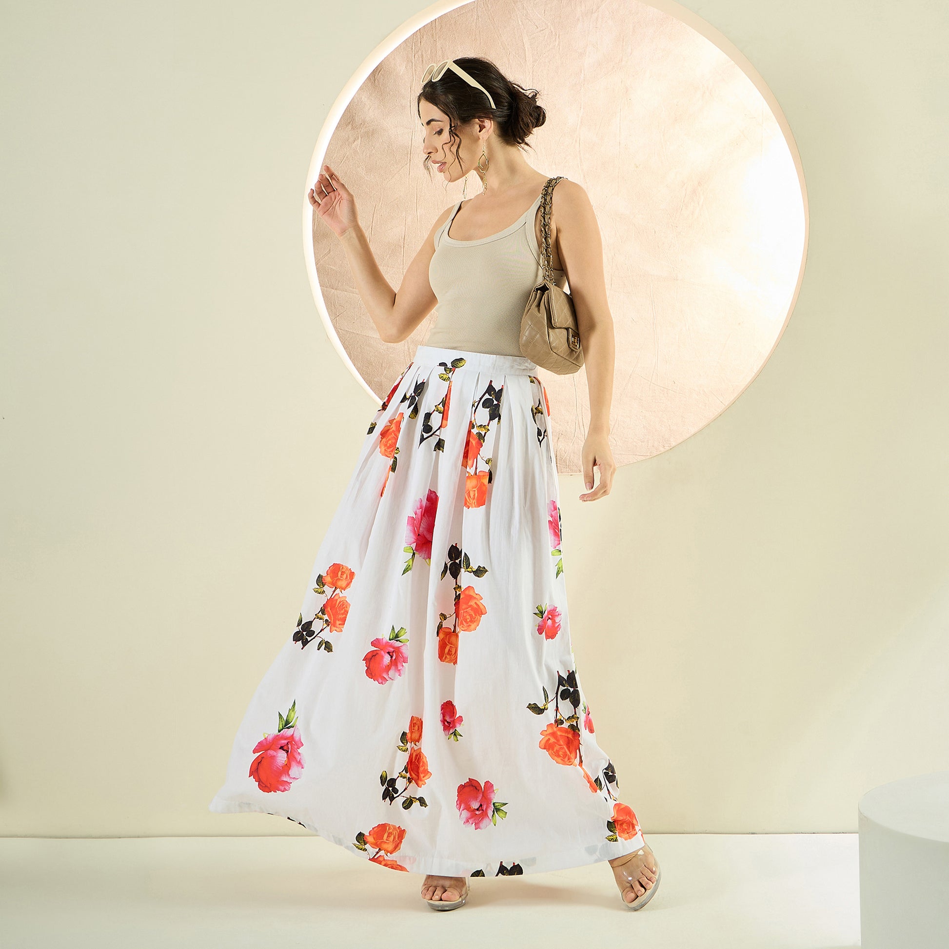White And Orange Floral Print Skirt for Women – Cotton Poplin | First Resort by Ramola Bachchan