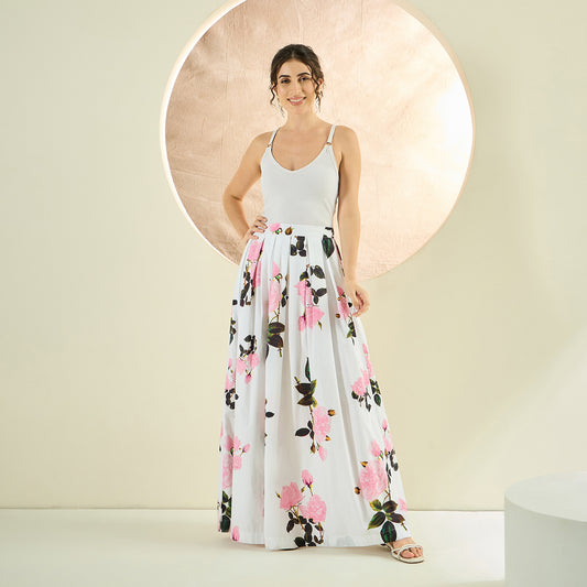 White And Pink Floral Print Skirt for Women – Cotton Poplin | First Resort by Ramola Bachchan