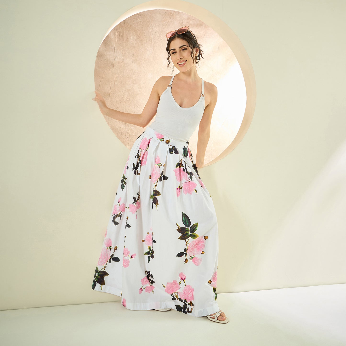 White And Pink Floral Print Skirt for Women – Cotton Poplin – Front View | First Resort by Ramola Bachchan