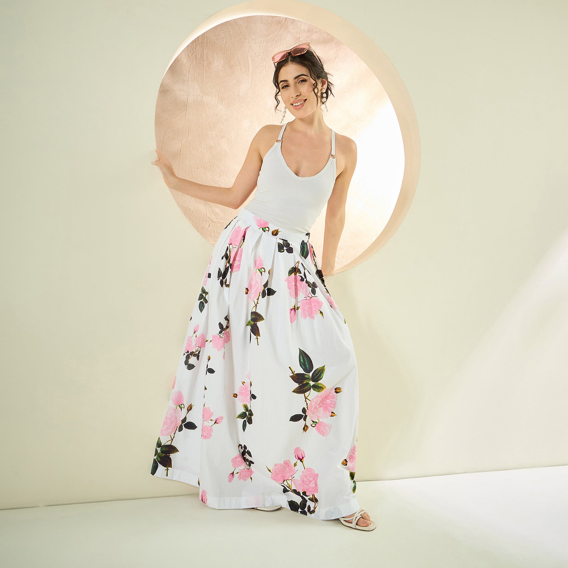 White And Pink Floral Print Skirt for Women – Cotton Poplin – Front View | First Resort by Ramola Bachchan