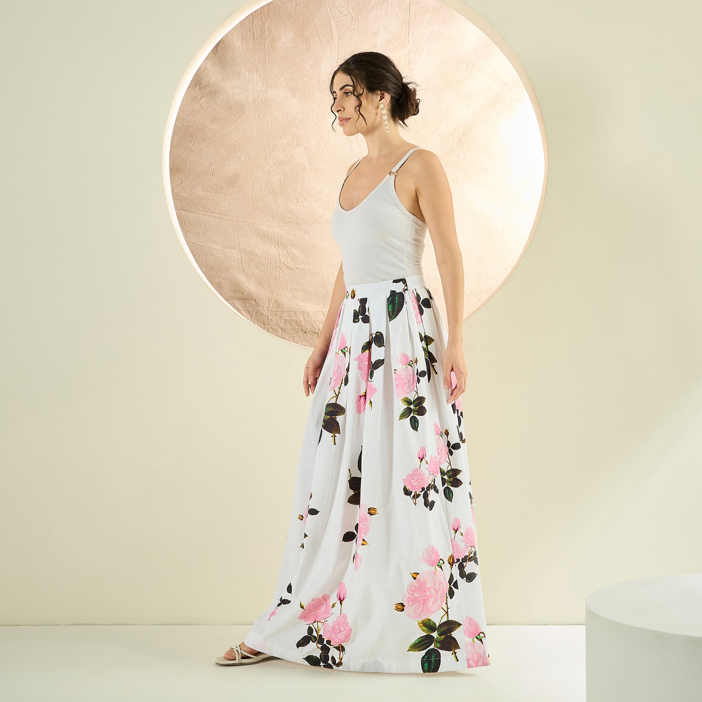 White And Pink Floral Print Skirt for Women – Cotton Poplin – Model View | First Resort by Ramola Bachchan