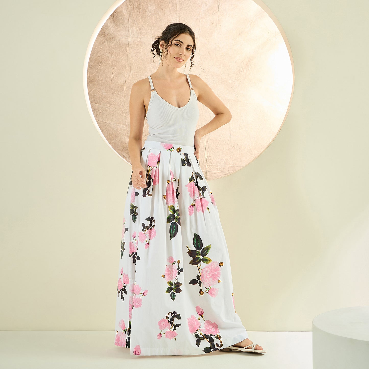 White And Pink Floral Print Skirt for Women – Cotton Poplin – Side View | First Resort by Ramola Bachchan