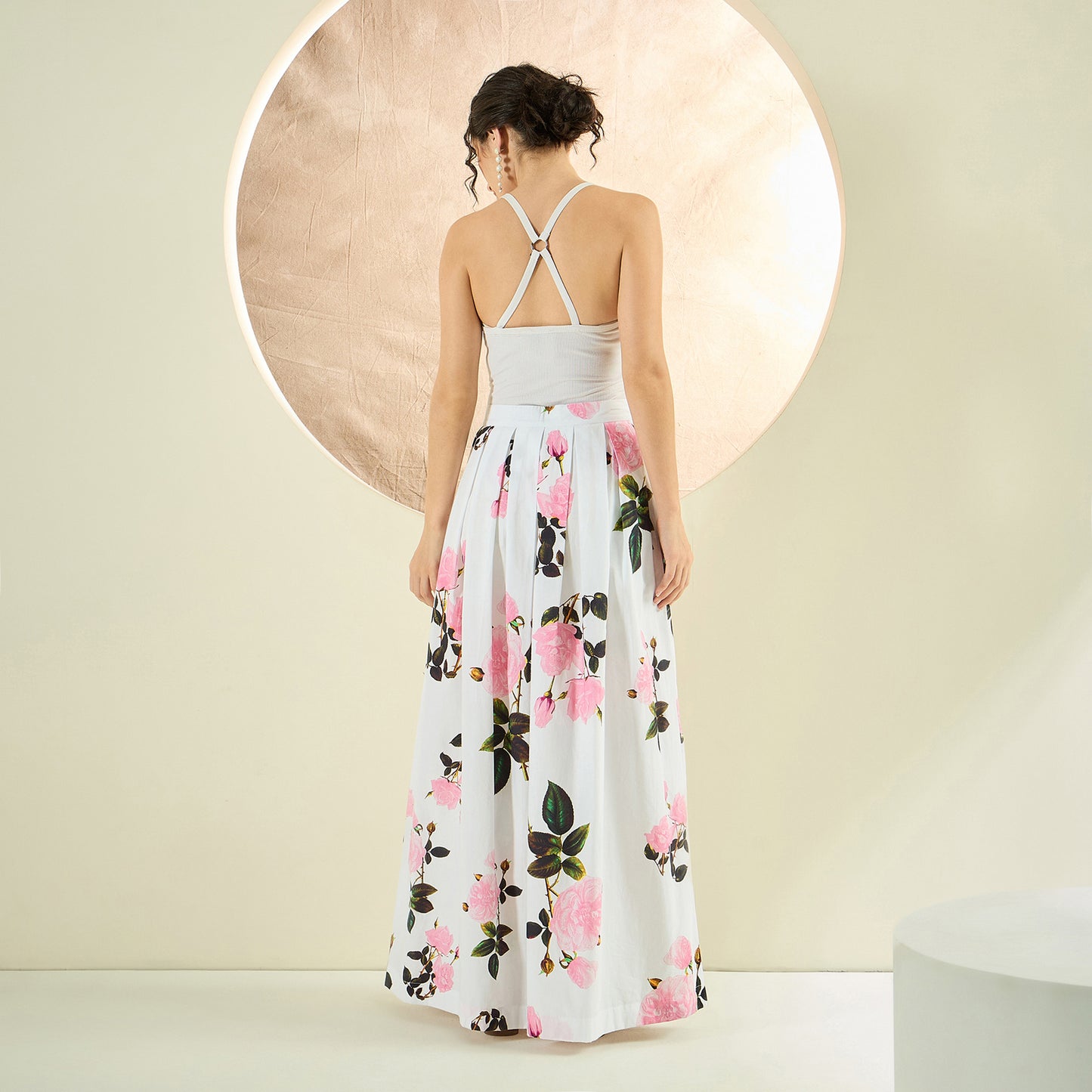 White And Pink Floral Print Skirt for Women – Cotton Poplin – Detail View | First Resort by Ramola Bachchan