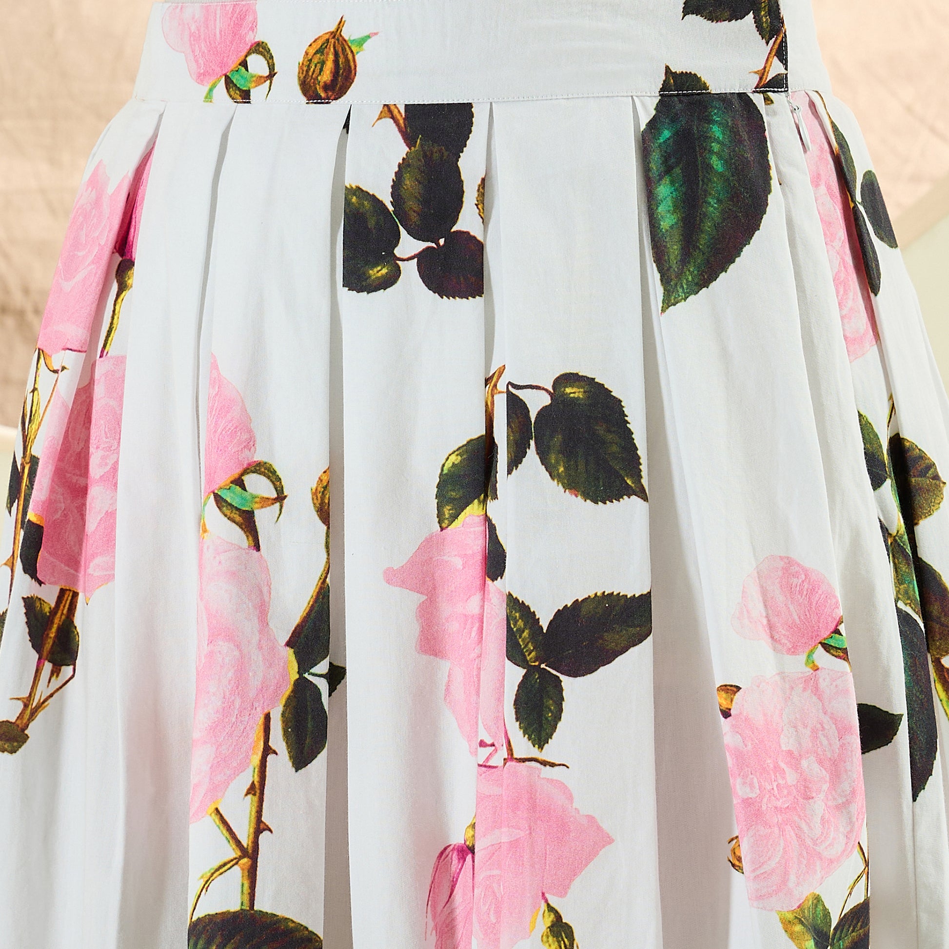 White And Pink Floral Print Skirt for Women – Cotton Poplin – Back View | First Resort by Ramola Bachchan