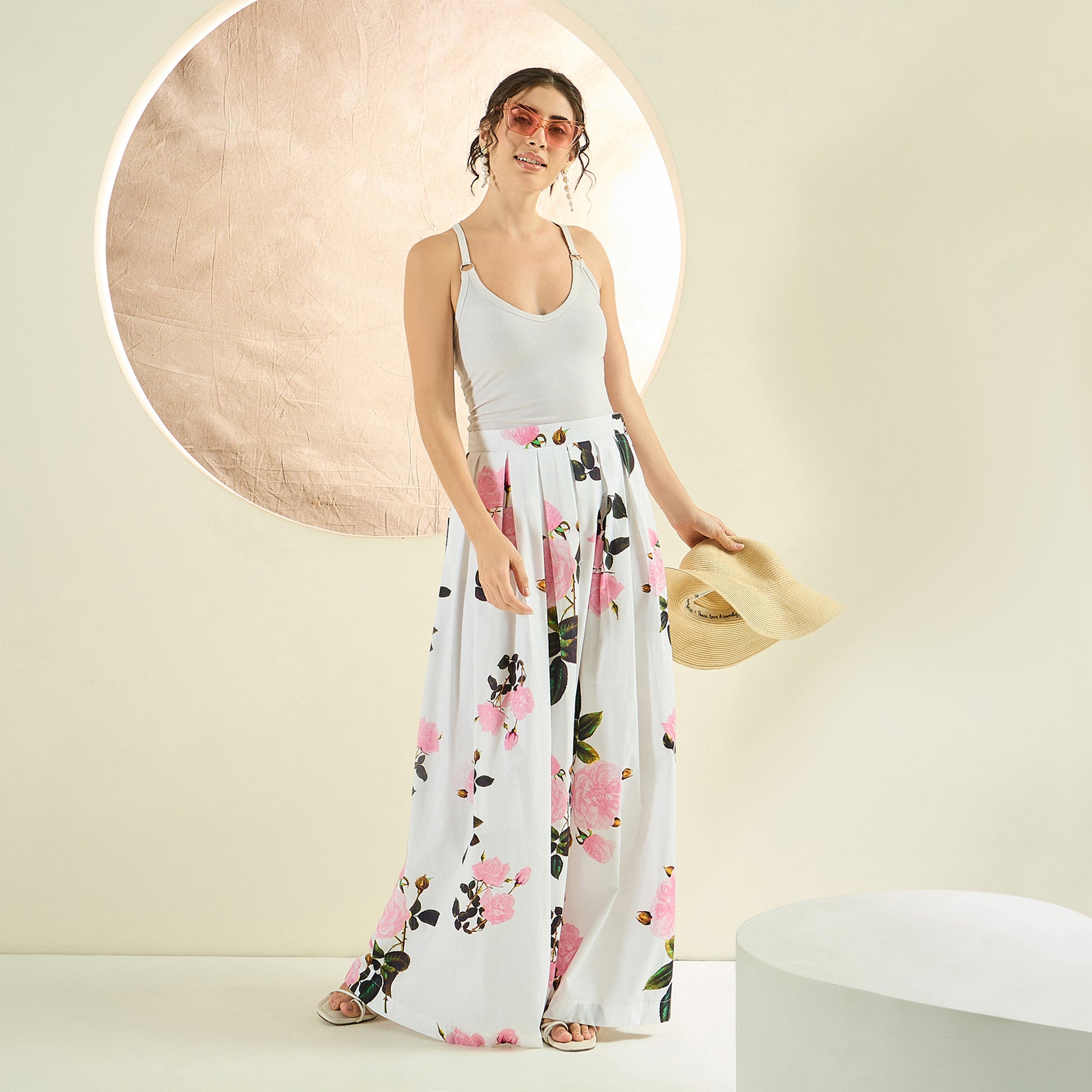 White And Pink Floral Print Skirt for Women – Cotton Poplin – Close Up | First Resort by Ramola Bachchan