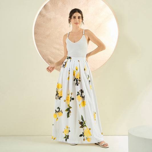 White And Yellow Floral Print Skirt for Women – Cotton Poplin | First Resort by Ramola Bachchan