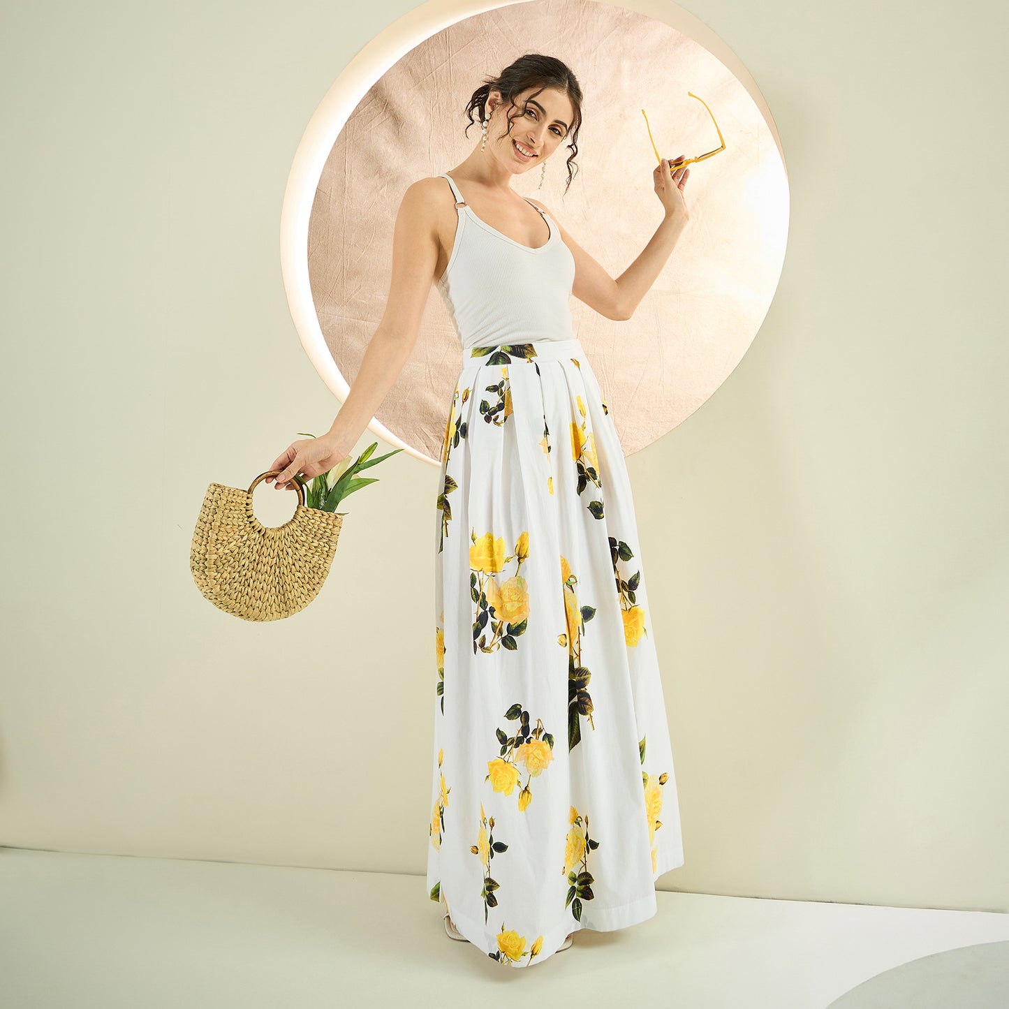 White And Yellow Floral Print Skirt for Women – Cotton Poplin – Front View | First Resort by Ramola Bachchan