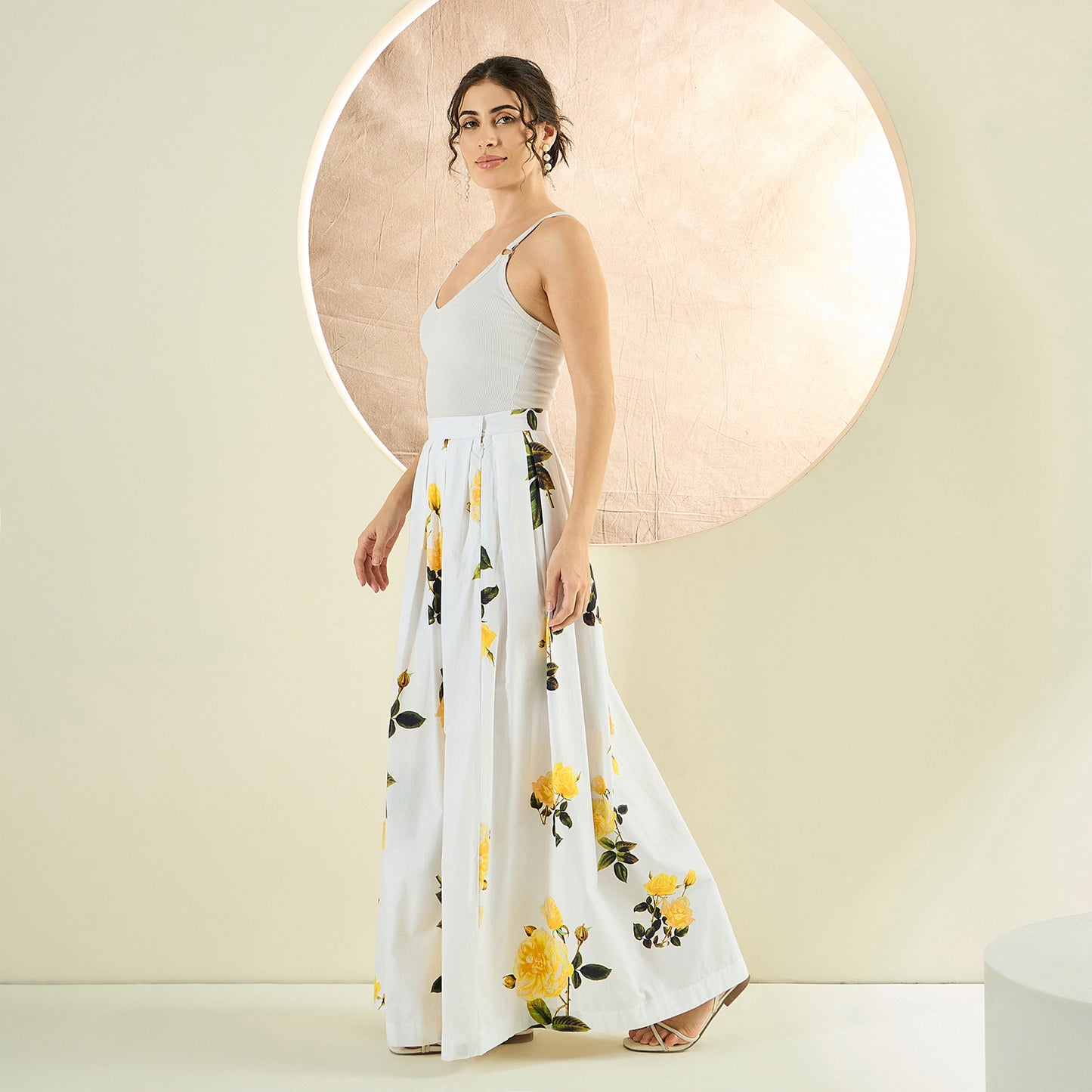 White And Yellow Floral Print Skirt for Women – Cotton Poplin – Model View | First Resort by Ramola Bachchan