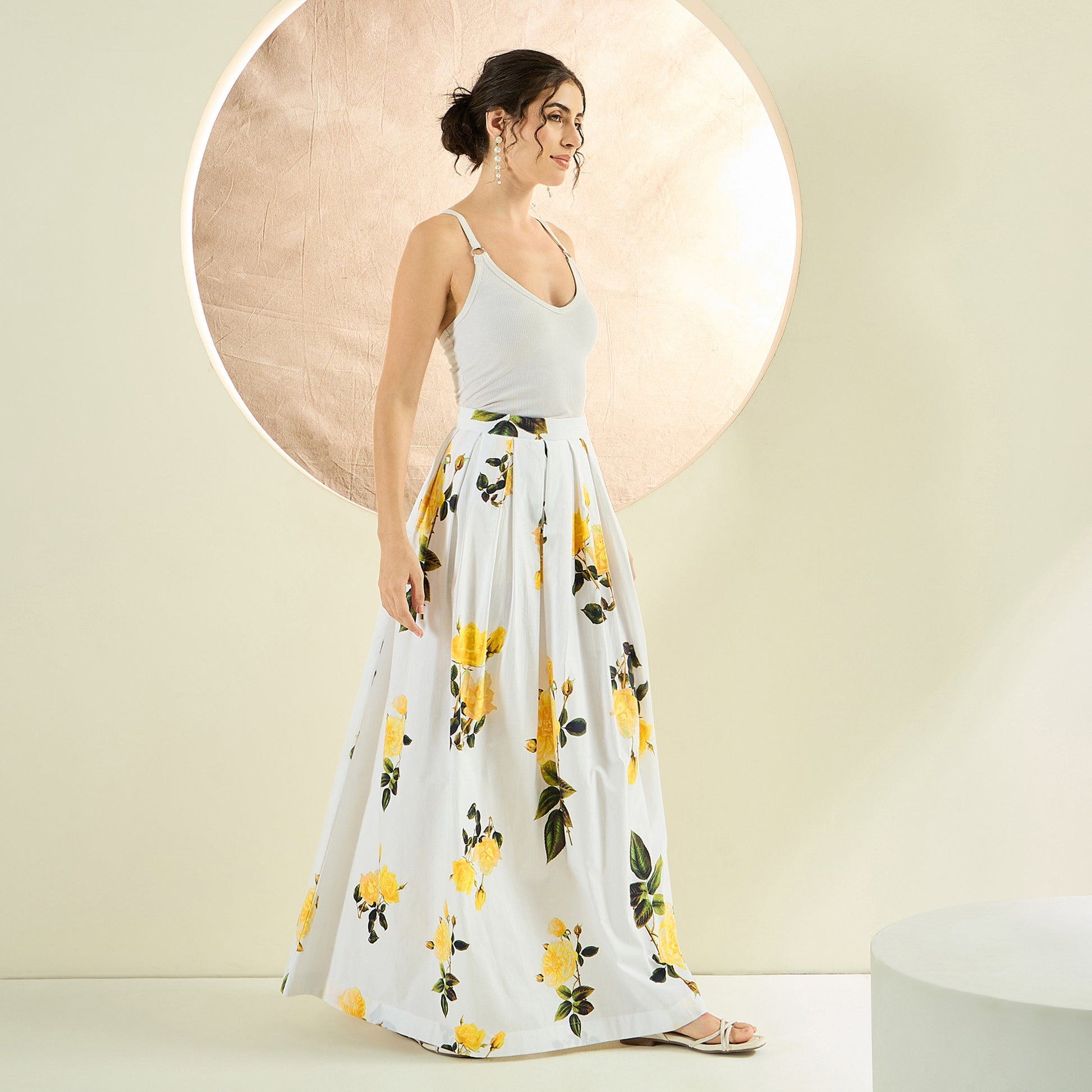 White And Yellow Floral Print Skirt for Women – Cotton Poplin – Side View | First Resort by Ramola Bachchan