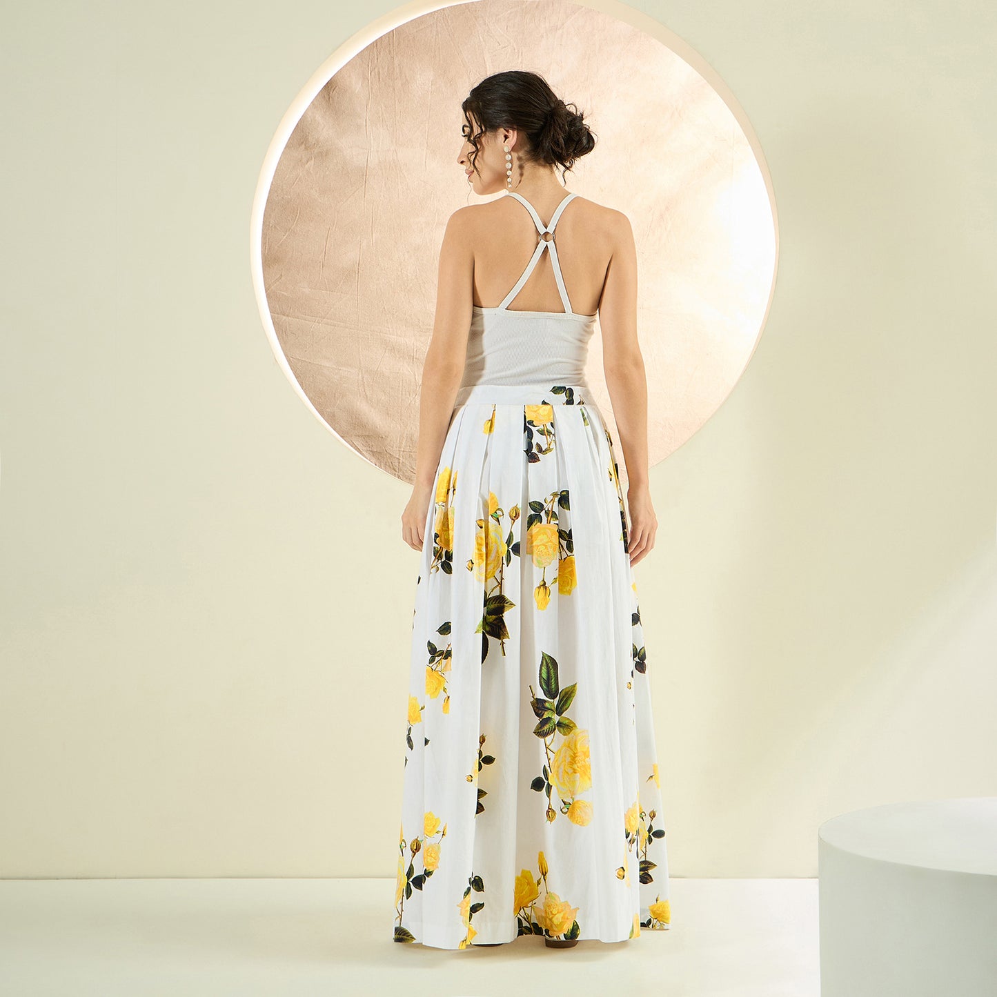 White And Yellow Floral Print Skirt for Women – Cotton Poplin – Detail View | First Resort by Ramola Bachchan