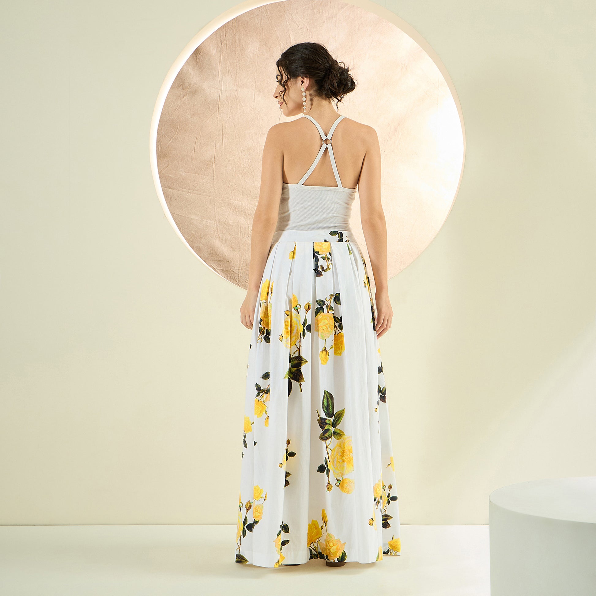 White And Yellow Floral Print Skirt for Women – Cotton Poplin – Detail View | First Resort by Ramola Bachchan