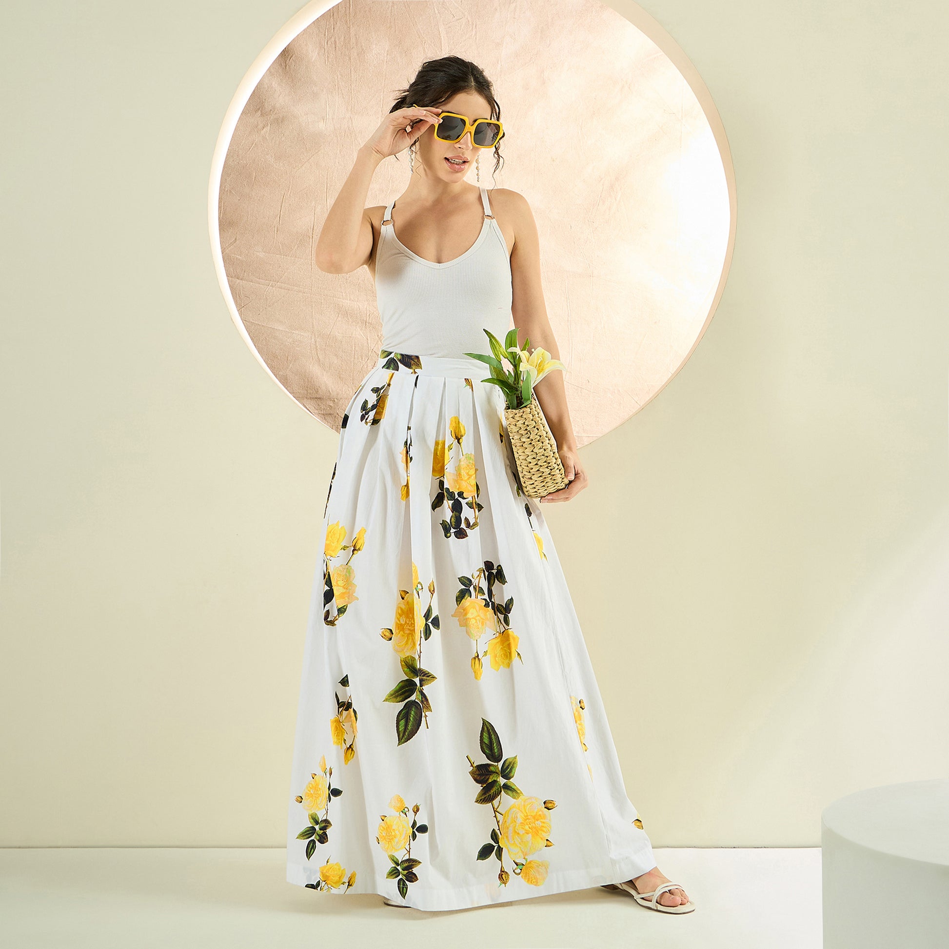 White And Yellow Floral Print Skirt for Women – Cotton Poplin – Close Up | First Resort by Ramola Bachchan