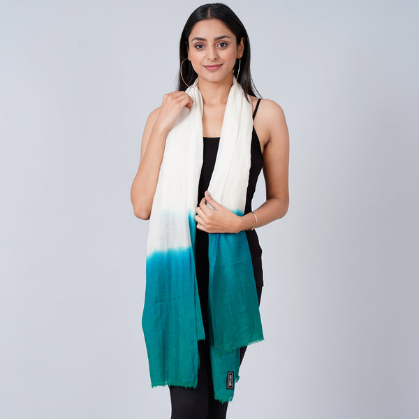 White And Teal Green Tie And Dye Colour Block Print Scarf for Women – Cashmere Silk | First Resort by Ramola Bachchan