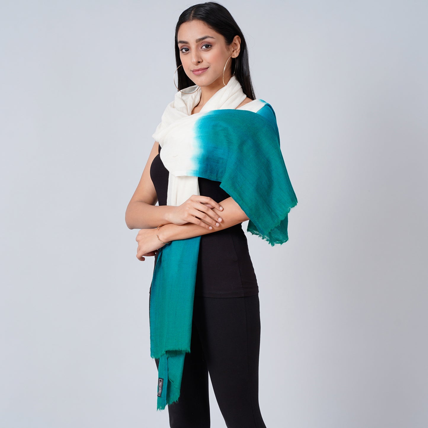 White and Teal Green Colour Block Scarf