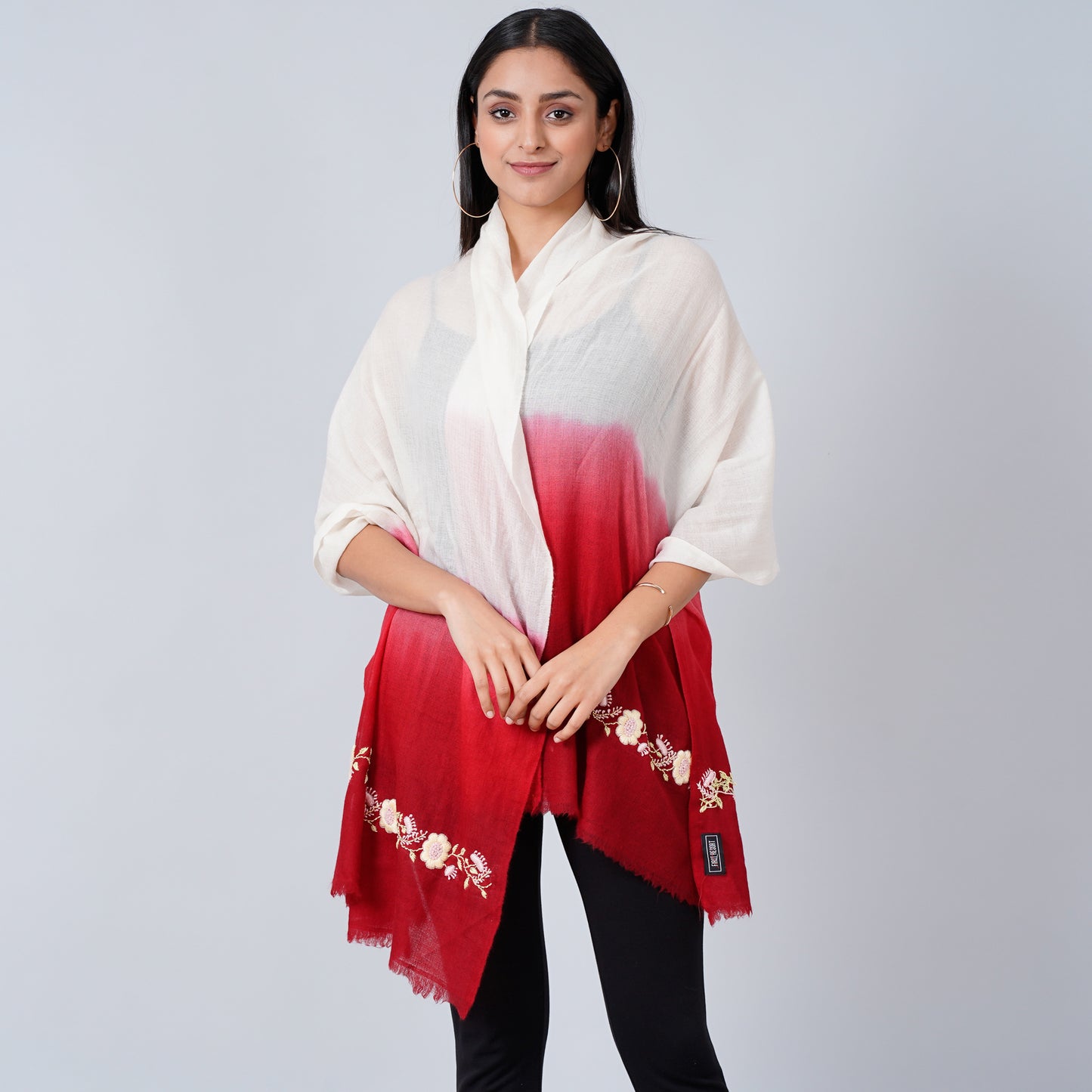 White and Red Hand Embroidered Colour Block Scarf