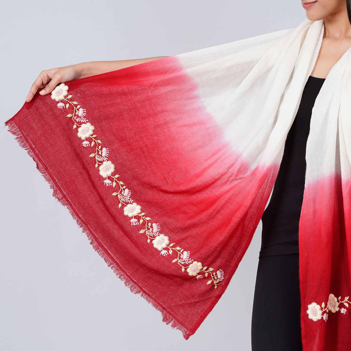 White and Red Hand Embroidered Colour Block Scarf