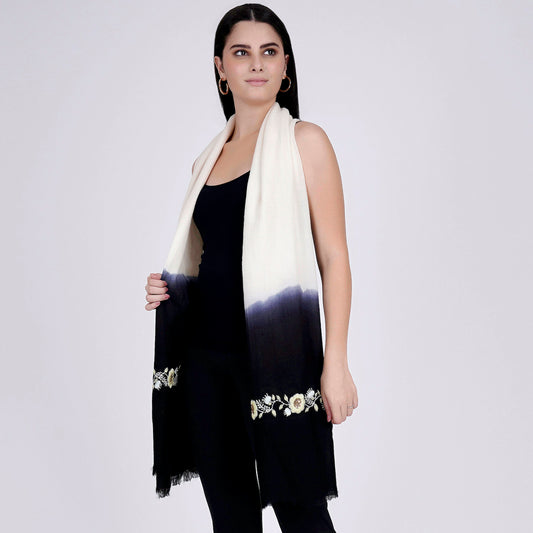 White and Navy Blue Hand Embroidered Colour Block Scarf